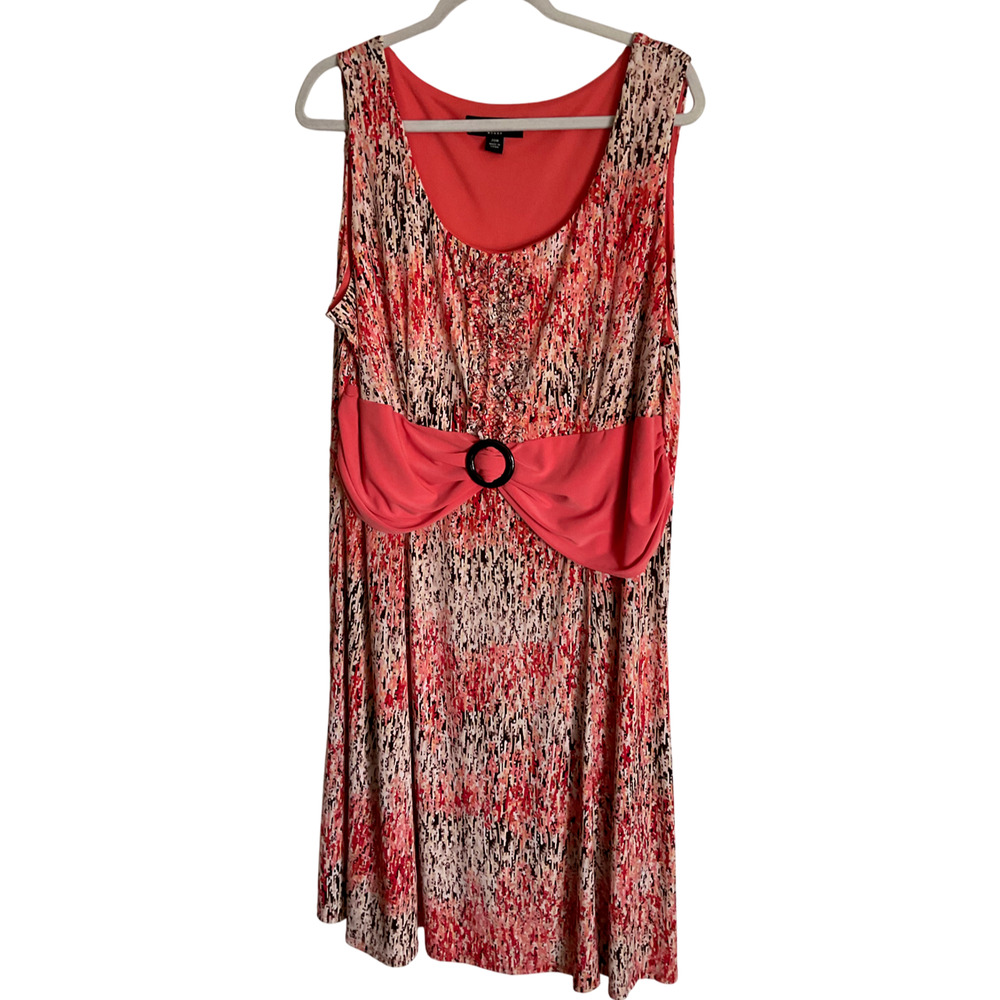 Perceptions Woman Coral Abstract Print Empire Waist Buckle Dress 20W‎ Sleeveless